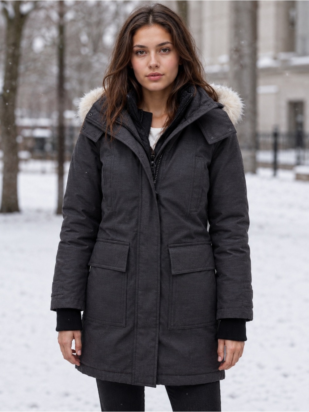 TNA Black Longline Parka with Faux-Fur Trim Hood